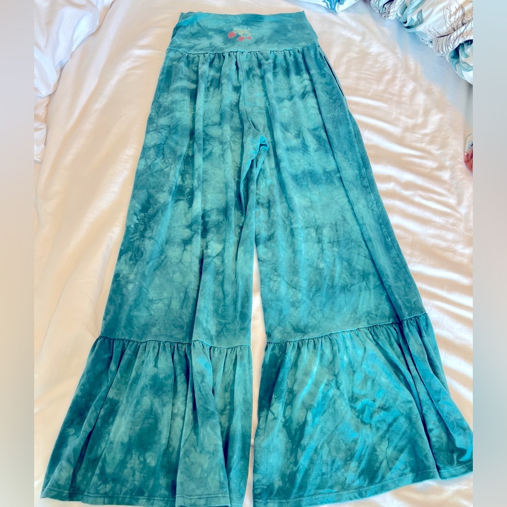 Purusha People pants. Flared leg. Teal blue color with strawberry 🍓 print.